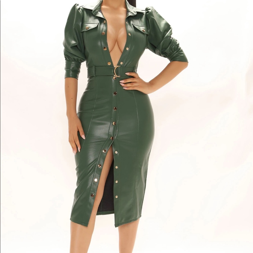All For Looks Faux Leather Midi Dress - Hunter